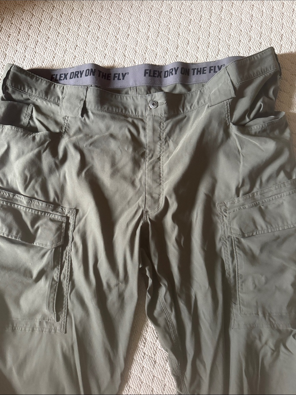 Duluth Trading Co Olive Green Cargo Pants with Flex Dry Waistband. 48/30.